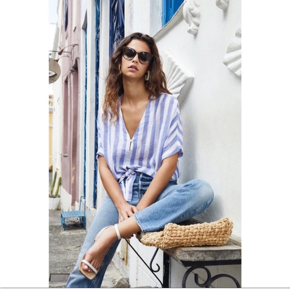 Rails Tops - NWT Rails Thea Pacifica Blue White Linen Blend Stripe Knot Front Top